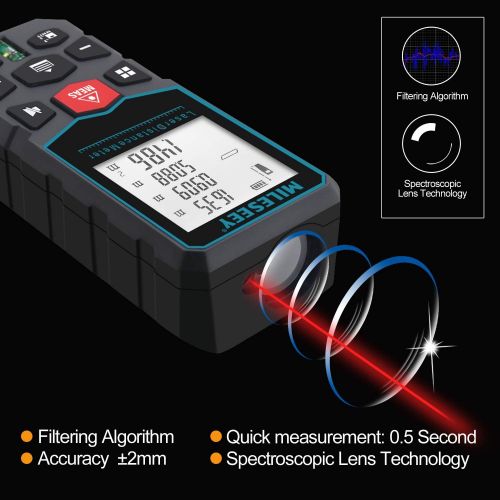  [아마존베스트]Mileseey Laser Measure, 40M/131Ft Laser Distance Meter,±2mm Accuracy Laser Measure Device with Pythagorean Mode, Distance, Area and Volume Measurement with Mute Function LCD Backli