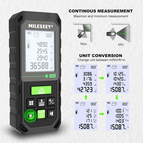  [아마존베스트]MiLESEEY Laser Measure 229Ft, Green Laser Measuring Device with Angle Sensor, Real Time Digital Laser Distance Meter with Backlit LCD for Auto height, level Pythagorean, Area and V