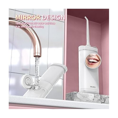  Water Flosser with Mirror, Portable Pocket Mini Oral Irrigator, 3 Mode, Cordless for Travel & Home, IPX7 Waterproof Teeth Pick, Telescopic Reservoir, Water Flosser for Teeth, Gums Care, White