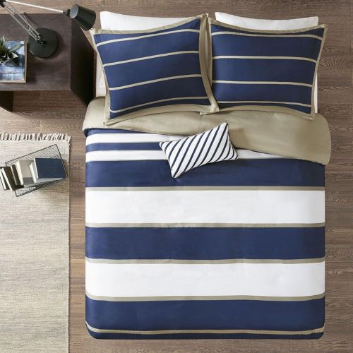  Mi-Zone Ashton KingCal King Duvet Cover Set Kids Boy - Navy, White, Stripes  4 Piece Bed Set Cover  Ultra Soft Microfiber Kid Boys Bedding Set