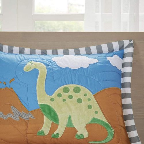  Mi Zone Kids Little Foot Twin Bedding Sets Boys Quilt Set - Grey, Blue, Orange , Dinosaur  3 Piece Kids Quilt For Boys  Cotton Filling Ultra Soft Microfiber Quilt Sets Coverlet