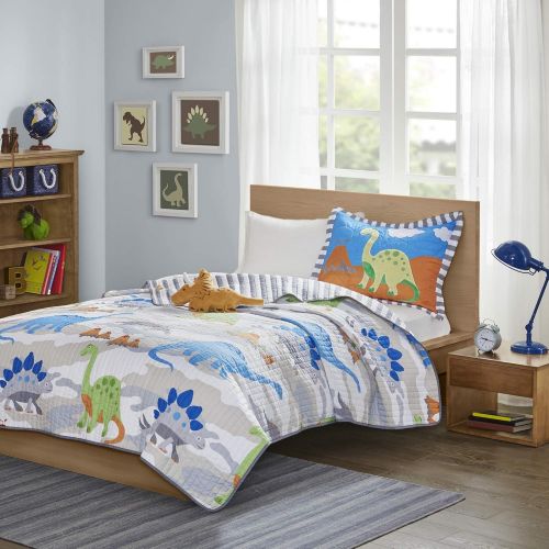  Mi Zone Kids Little Foot Twin Bedding Sets Boys Quilt Set - Grey, Blue, Orange , Dinosaur  3 Piece Kids Quilt For Boys  Cotton Filling Ultra Soft Microfiber Quilt Sets Coverlet