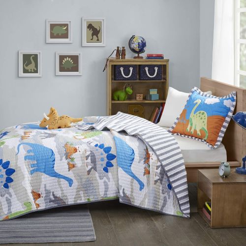  Mi Zone Kids Little Foot Twin Bedding Sets Boys Quilt Set - Grey, Blue, Orange , Dinosaur  3 Piece Kids Quilt For Boys  Cotton Filling Ultra Soft Microfiber Quilt Sets Coverlet