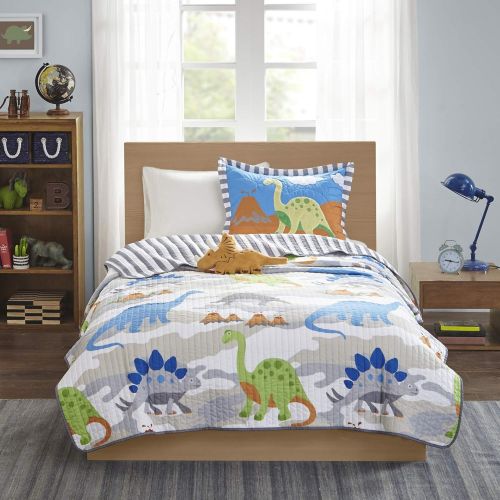  Mi Zone Kids Little Foot Twin Bedding Sets Boys Quilt Set - Grey, Blue, Orange , Dinosaur  3 Piece Kids Quilt For Boys  Cotton Filling Ultra Soft Microfiber Quilt Sets Coverlet