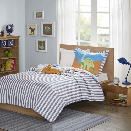  Mi Zone Kids Little Foot Twin Bedding Sets Boys Quilt Set - Grey, Blue, Orange , Dinosaur  3 Piece Kids Quilt For Boys  Cotton Filling Ultra Soft Microfiber Quilt Sets Coverlet