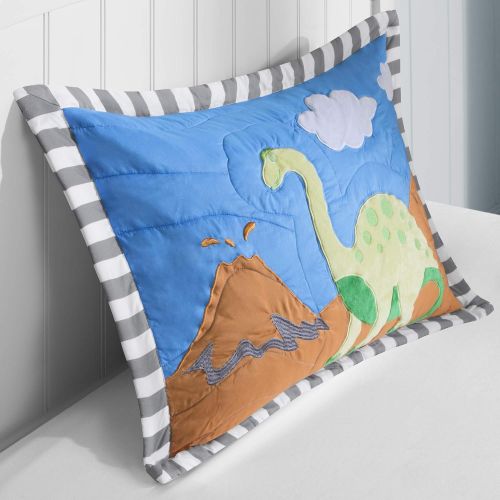  Mi Zone Kids Little Foot Twin Bedding Sets Boys Quilt Set - Grey, Blue, Orange , Dinosaur  3 Piece Kids Quilt For Boys  Cotton Filling Ultra Soft Microfiber Quilt Sets Coverlet