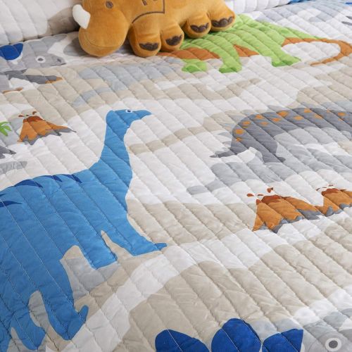  Mi Zone Kids Little Foot Twin Bedding Sets Boys Quilt Set - Grey, Blue, Orange , Dinosaur  3 Piece Kids Quilt For Boys  Cotton Filling Ultra Soft Microfiber Quilt Sets Coverlet