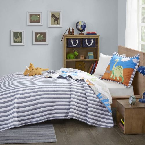  Mi Zone Kids Little Foot Twin Bedding Sets Boys Quilt Set - Grey, Blue, Orange , Dinosaur  3 Piece Kids Quilt For Boys  Cotton Filling Ultra Soft Microfiber Quilt Sets Coverlet