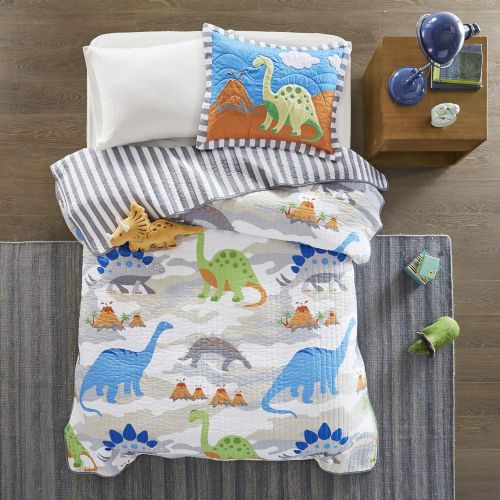  Mi Zone Kids Little Foot Twin Bedding Sets Boys Quilt Set - Grey, Blue, Orange , Dinosaur  3 Piece Kids Quilt For Boys  Cotton Filling Ultra Soft Microfiber Quilt Sets Coverlet