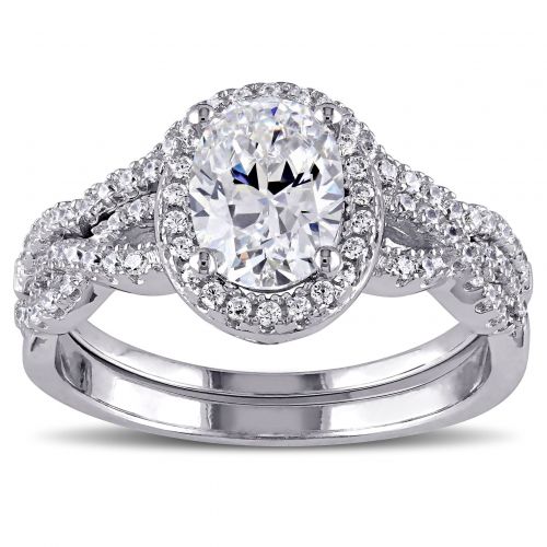  Miadora Sterling Silver Oval and Round-cut Cubic Zirconia Halo Bridal Ring set by Miadora