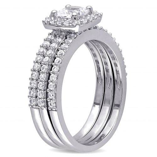  Miadora Sterling Silver Cushion and Round-cut Created White Sapphire Halo 3-piece Bridal Ring Set by Miadora