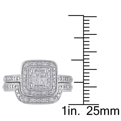  Miadora Sterling Silver Princess-cut Quad 13ct TDW Diamond Double Halo Bridal Ring Set by Miadora