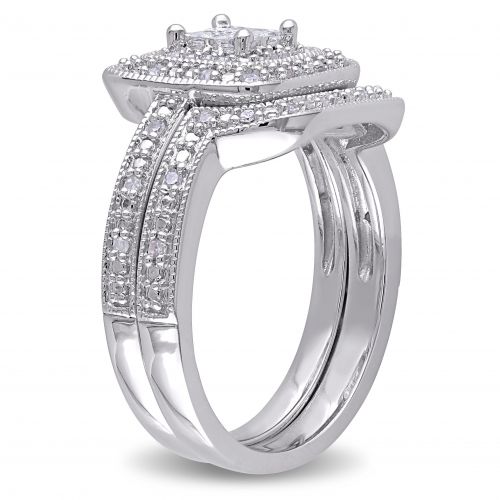  Miadora Sterling Silver Princess-cut Quad 13ct TDW Diamond Double Halo Bridal Ring Set by Miadora