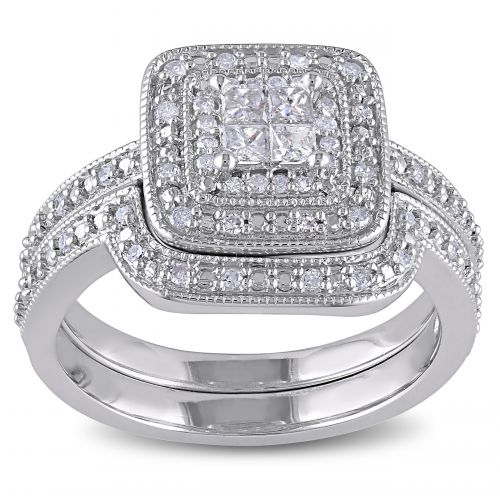  Miadora Sterling Silver Princess-cut Quad 13ct TDW Diamond Double Halo Bridal Ring Set by Miadora