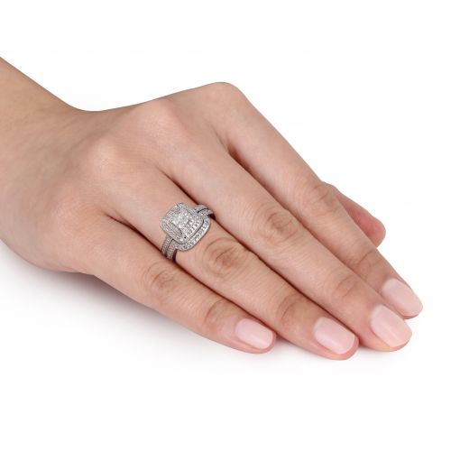  Miadora Sterling Silver Princess-cut Quad 13ct TDW Diamond Double Halo Bridal Ring Set by Miadora