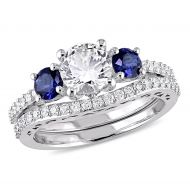 Miadora 10k White Gold Created White and Blue Sapphire 13ct TDW Diamond Bridal Ring Set by Miadora