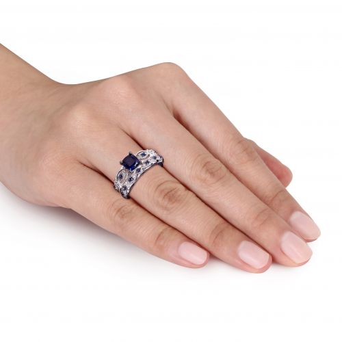  Miadora Signature Collection 10k White Gold Created Sapphire and 110ct TDW Diamond Bridal Set by Miadora