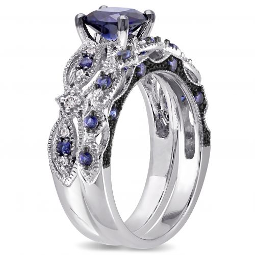  Miadora Signature Collection 10k White Gold Created Sapphire and 110ct TDW Diamond Bridal Set by Miadora