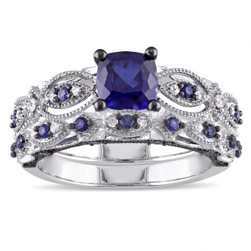  Miadora Signature Collection 10k White Gold Created Sapphire and 110ct TDW Diamond Bridal Set by Miadora