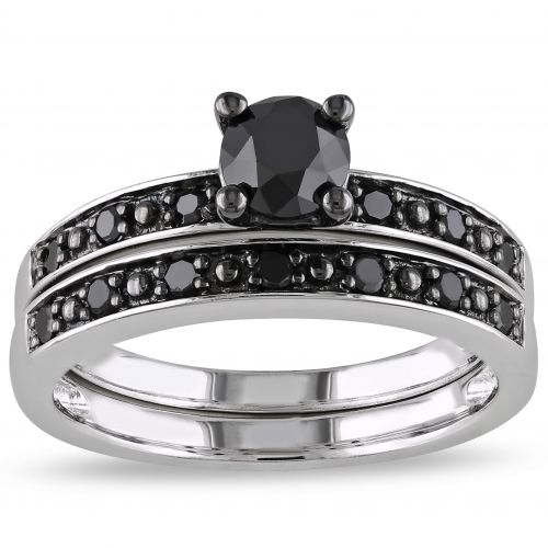  Miadora Silver and Black Rhodium-plated 1 CT Black Diamond TW Bridal Set Ring by Miadora