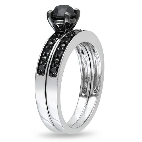  Miadora Silver and Black Rhodium-plated 1 CT Black Diamond TW Bridal Set Ring by Miadora