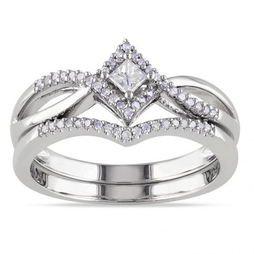  Miadora Sterling Silver 14ct TDW Diamond Split Shank Halo Bridal Ring Set by Miadora