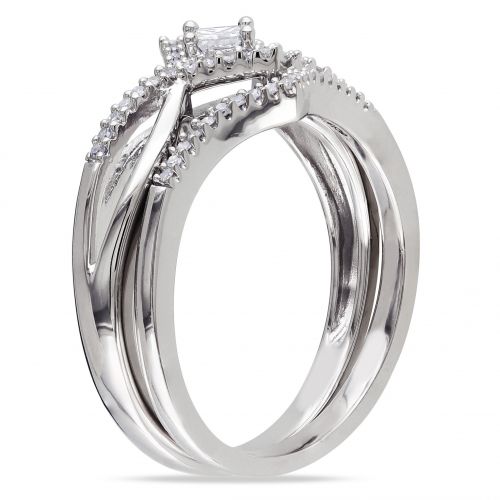  Miadora Sterling Silver 14ct TDW Diamond Split Shank Halo Bridal Ring Set by Miadora