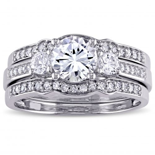  Miadora Signature Collection 10k White Gold Created White Sapphire and 14ct TDW Diamond 3-Stone Bri by Miadora