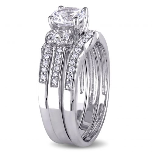  Miadora Signature Collection 10k White Gold Created White Sapphire and 14ct TDW Diamond 3-Stone Bri by Miadora