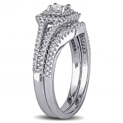  Miadora Sterling Silver 12ct TDW Princess and Round-cut Diamond Halo Bridal Ring Set by Miadora