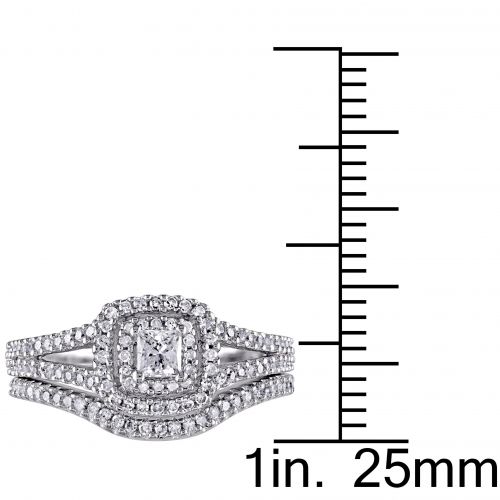  Miadora Sterling Silver 12ct TDW Princess and Round-cut Diamond Halo Bridal Ring Set by Miadora