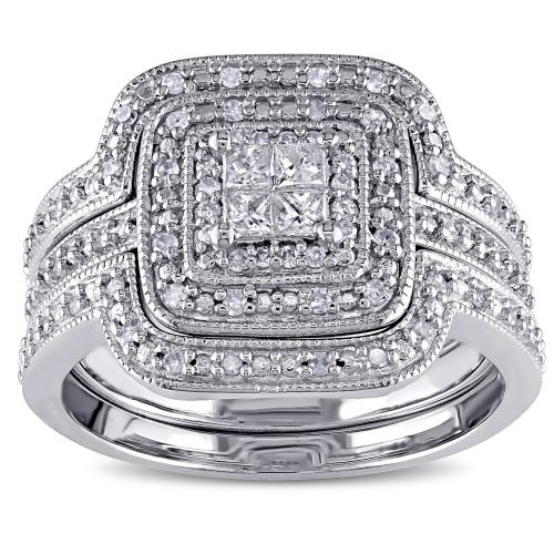  Miadora Sterling Silver 38ct TDW Diamond Princess-cut Halo 3-piece Bridal Ring Set by Miadora