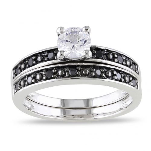  Miadora Sterling Silver Created White Sapphire and 15ct TDW Black Diamond Bridal Ring Set by Miadora