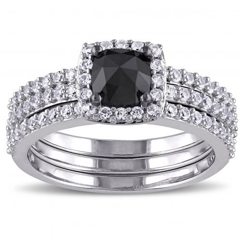  Miadora 10k White Gold 34ct TDW Black Diamond and Created White Sapphire Bridal Ring Set by Miadora