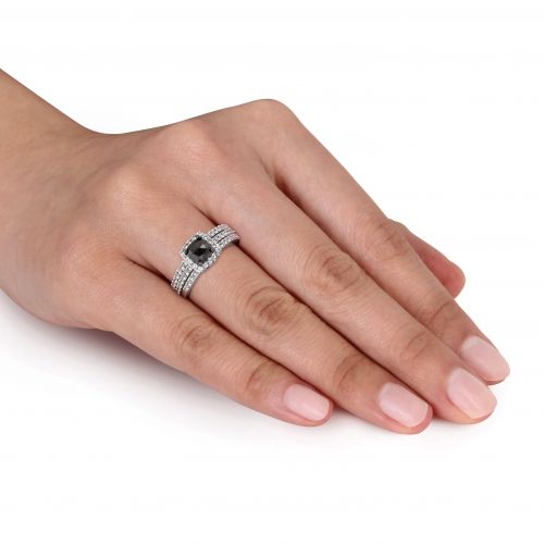  Miadora 10k White Gold 34ct TDW Black Diamond and Created White Sapphire Bridal Ring Set by Miadora
