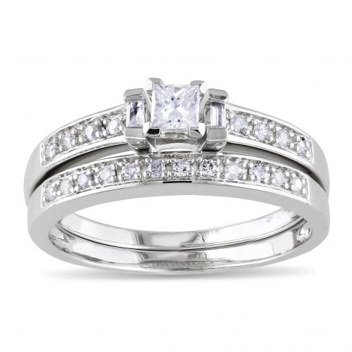  Miadora Sterling Silver 13ct TDW Princess, Baguette and Round-cut Diamond Bridal Ring Set by Miadora