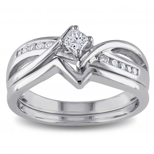  Miadora Sterling Silver 14ct TDW Princess and Round-cut Diamond Split Shank Bridal Ring Set by Miadora
