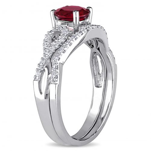  Miadora 10k White Gold Created Ruby and 16ct TDW Diamond Bridal Ring Set by Miadora