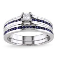 Miadora Sterling Silver 16ct TDW Princess-cut Diamond and Sapphire Engagement Wedding Band Ring Set by Miadora