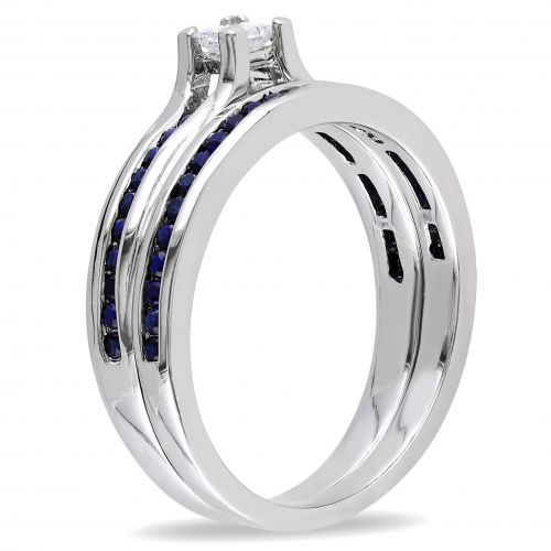  Miadora Sterling Silver 16ct TDW Princess-cut Diamond and Sapphire Engagement Wedding Band Ring Set by Miadora