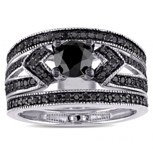  Miadora Sterling Silver 1 14ct TDW Black Diamond Split Shank 3-Piece Bridal Set by Miadora