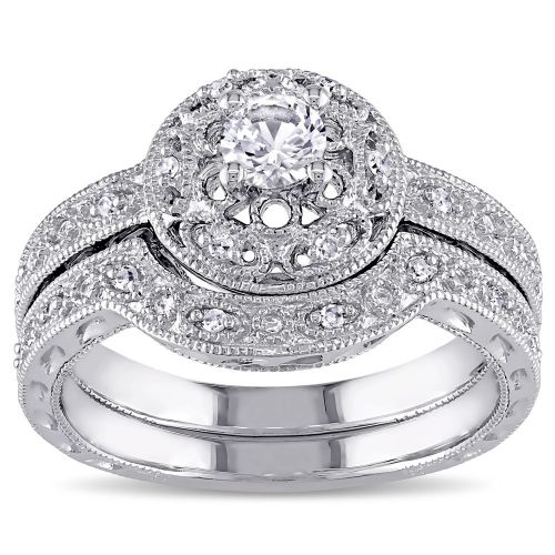  Miadora Sterling Silver Created-white-sapphire and 110ct TDW Diamond Bridal Ring Set by Miadora