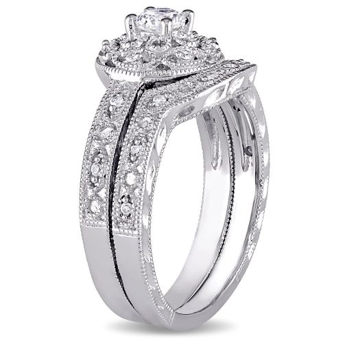  Miadora Sterling Silver Created-white-sapphire and 110ct TDW Diamond Bridal Ring Set by Miadora