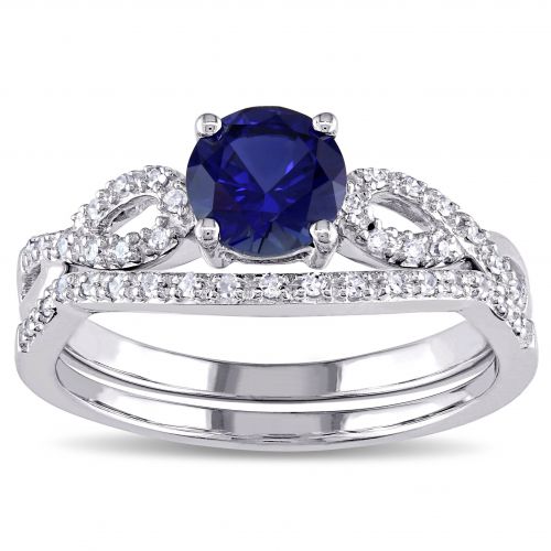  Miadora 10k White Gold Created Blue Sapphire and 16ct TDW Diamond Bridal Ring Set by Miadora