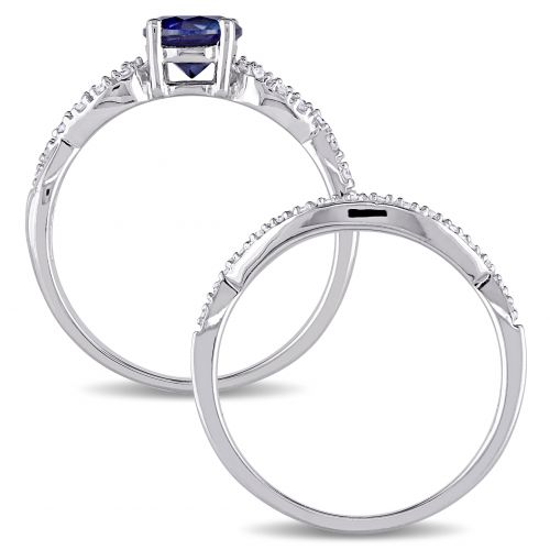  Miadora 10k White Gold Created Blue Sapphire and 16ct TDW Diamond Bridal Ring Set by Miadora