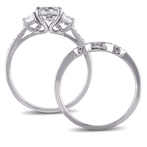  Miadora 10k White Gold Created White Sapphire and 16ct TDW Diamond 3-stone Bridal Ring Set (G-H, I2 by Miadora