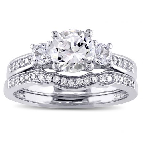  Miadora 10k White Gold Created White Sapphire and 16ct TDW Diamond 3-stone Bridal Ring Set (G-H, I2 by Miadora