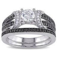 Miadora Sterling Silver Created White Sapphire and 25ct TDW Black and White Diamond Bridal Ring Set by Miadora