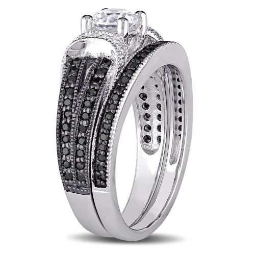  Miadora Sterling Silver Created White Sapphire and 25ct TDW Black and White Diamond Bridal Ring Set by Miadora