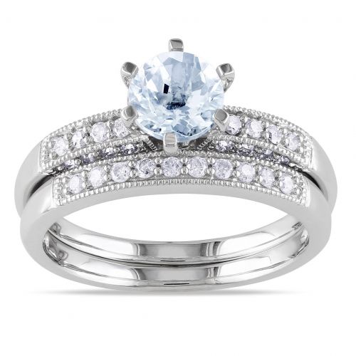  Miadora 10k White Gold Aquamarine 13ct TDW Diamond Bridal Ring Set by Miadora